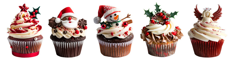 Wall Mural - Christmas Xmas Cupcake muffin with icing frosting topping of angel, holly mistletoe, santa claus, snowman, decorations on transparent PNG. Many different flavour. Mockup template for artwork design