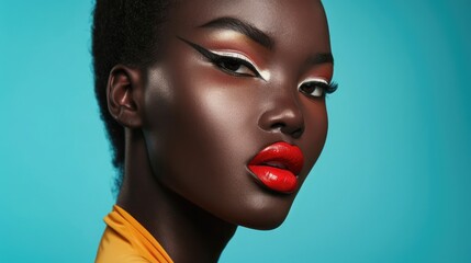 A model with elegant eyeliner and bold lipstick posing against a vibrant background.