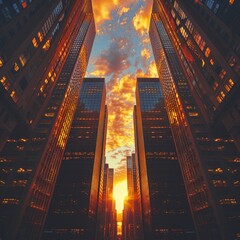 Wall Mural - Urban Majesty: Low-angle Sunset Shot Between Tall City Buildings with Orange Sky and Long Shadows