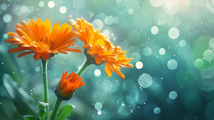 Wall Mural - Macro of two orange calendula flowers against a teal background with bokeh bubbles, light, and magical particles in the air. The image features a shallow depth of field, soft focus, and light shining 