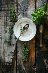 Wall Mural - A simple dinner setting with a white plate, fork, and fresh rosemary