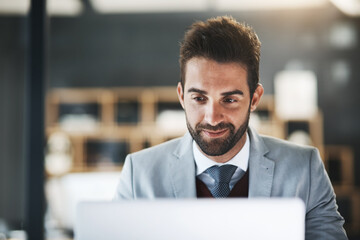 Poster - Business man, happy and laptop in office for productivity, research and achievement of project goals. Corporate employee, smile and tech in workplace for positive email, investment and revenue report