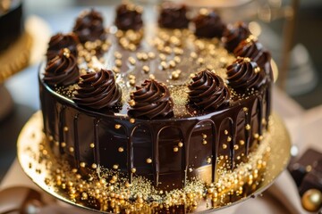 Sticker - Chocolate cake with chocolate ganache dripping, decorated with chocolate swirls and golden sprinkles, sitting on a golden plate