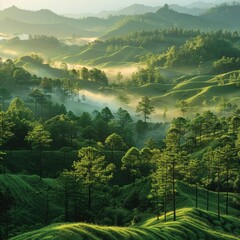 Wall Mural - Tranquil Sunrise: Captivating Views of Misty Hills and Lush Forests in Morning Light and Fog