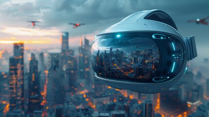 Poster - A close-up view of a standalone VR headset displaying a futuristic cityscape at sunset.