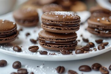 Sticker - Two chocolate macarons with chocolate filling stacked on top of each other on white plate with coffee beans scattered around