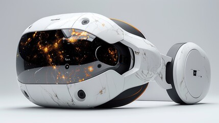 Poster - A white and black headset with a marble-like finish and a large, clear visor displaying a view of an imaginary cityscape at night.
