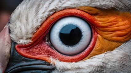 Poster - A close up of a bird's eye with orange and white feathers, AI