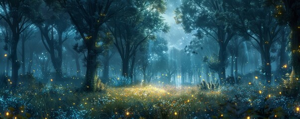 Wall Mural - An enchanted forest glade bathed in moonlight, with fireflies dancing among the trees.