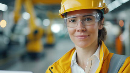 Female engineer wearing a yellow hard hat and safety glasses, smiling confidently in an industrial setting with machinery in the background. Showcasing modern engineering and dedication to safety.