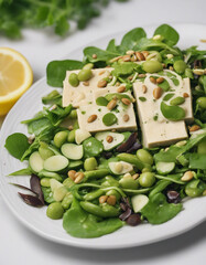 Wall Mural - A mixed greens salad with tofu, edamame, sunflower seeds, and a lemon-tahini