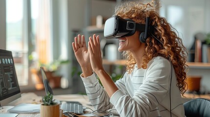 Poster - A woman wearing a VR headset sits at a desk and participates in a virtual conference.