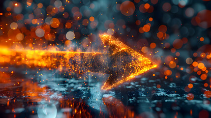 Poster - close up image of a glowing arrow formed by light particles set against a dark modern backdrop with reflective surfaces  Intense neon lighting highlights the arrow s intricate details