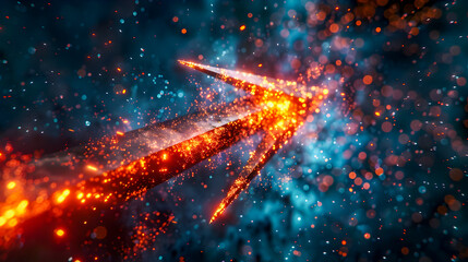 Poster - image of a glowing arrow formed by light particles captured in an extreme close up view  The arrow is set against a dark modern space with reflective surfaces