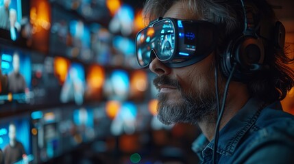 Poster - A bearded man wearing a VR headset works remotely at night, with a wall of glowing screens behind him.