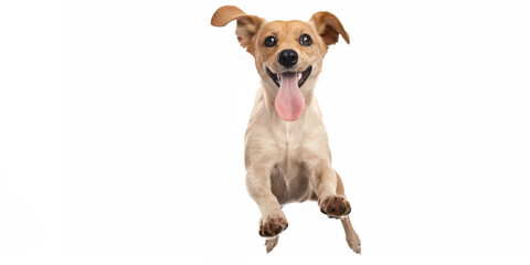 Wall Mural - Small dog jumping for joy on a white background. Happy pet.