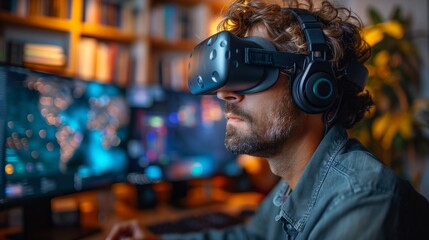 Poster - A man wearing a virtual reality headset sits at his desk in a home office at night, working remotely.