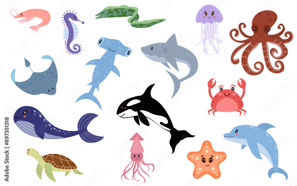 Cute water animals set for children background. Under the sea ...