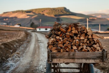 A cart laden with wood logs stands on a scenic dirt path, set against rolling hills, capturing the essence of classic wood transportation in a rural setting.