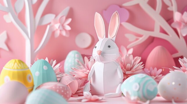 Adorable rabbit with pastel Easter eggs in 3D paper art, celebrating Easter Day.