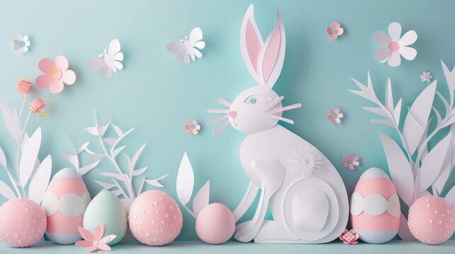 Adorable rabbit with pastel Easter eggs in 3D paper art, celebrating Easter Day.