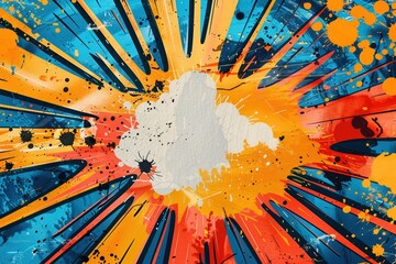 Wall Mural - Vibrant abstract painting with explosive colors, featuring blue, yellow, orange splatters and streaks, presents a dynamic and energetic composition.