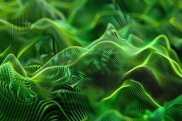 Poster - Green noise is creating abstract digital landscape with wavy surface made of dots and lines moving, bending and flowing