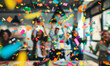 © IBEX.Media - Colorful confetti falling in an office celebration with blurred cheering people in the background