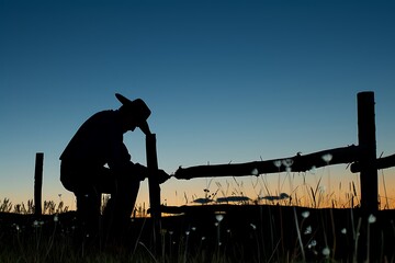 Wall Mural - Silhouetted Cowboy Fixing a Fence at Dusk