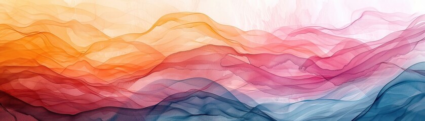 Poster - Vibrant abstract waves of colorful flowing layers creating dynamic motion, blending shades of orange, pink, and blue. Perfect for modern backgrounds.