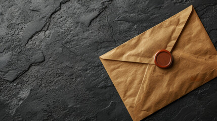  envelope sealed with a seal, lying on the table, top view, space for text 