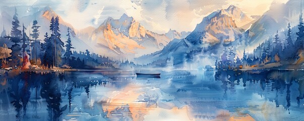 Wall Mural - A watercolor painting of a serene mountain lake reflecting the towering peaks above, its surface shimmering with tranquility, while a lone canoe drifts peacefully across the water.