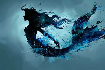 Wall Mural - Silhouette of a Mermaid in Blue Watercolors