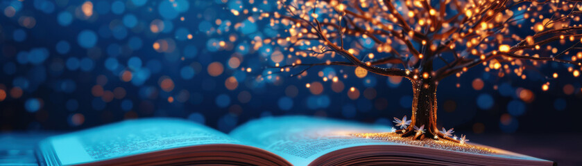 Wall Mural - magical tree blossoming with light, growing from an open book. conceptual image depicting imaginatio