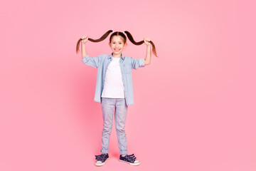 Poster - Full size photo of good mood adorable small girl holding long ponytails dressed denim shirt having fun isolated on pink color background