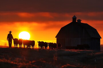 Wall Mural - Silhouetted Cowboy Herding Cattle at Sunset