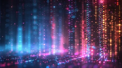 Poster - Colorful abstract digital background with glowing light particles and defocused beams, perfect for technology and futuristic themes.
