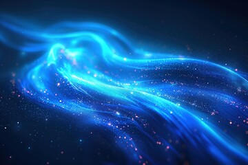 Wall Mural - Abstract glowing blue light wave with sparkles on a dark background, creating a dynamic and futuristic visual effect.