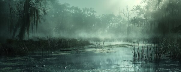 Wall Mural - An eerie swamp shrouded in mist, home to mysterious creatures and whispering reeds.