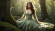© Artistry Hub - green dress and a crown sits on a tree root in a sunlit forest.