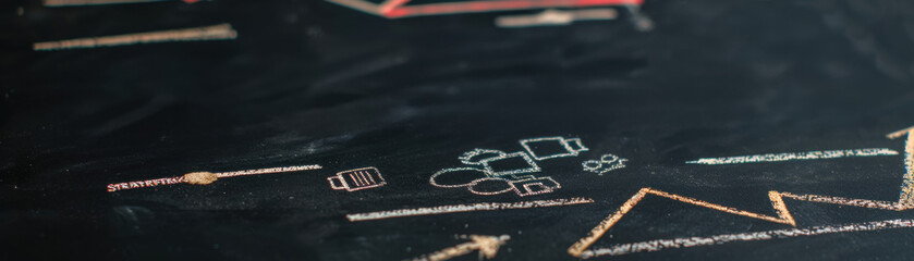 Poster - Abstract chalkboard with various diagrams showcasing business strategy concepts, arrows pointing in different directions, symbols, and growth charts.