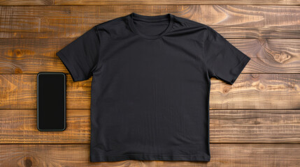 Plain black t-shirt laying flat on a wooden surface beside a smartphone, perfect for fashion, technology, or lifestyle themed projects.