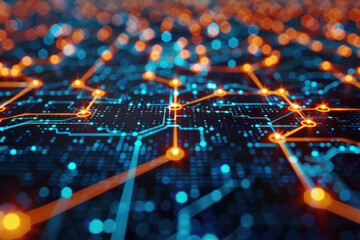 Poster - Abstract futuristic circuit board with glowing dots, showcasing technology, networks, and data communication. Perfect for tech-related concepts.