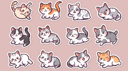  Collection of cute, simple cat stickers in a Japanese anime cartoon style, featuring playful and adorable expressions and poses