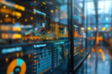 Poster - Blurry view of a modern data visualization dashboard with colorful graphs and charts in a high-tech office setting.