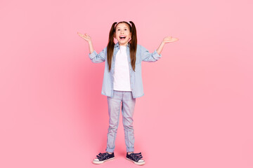 Poster - Full size photo of impressed small girl dressed denim shirt palms hold products look empty space isolated on pink color background