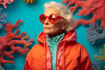 Poster - Portrait of a tender woman in her 60s wearing a functional windbreaker while standing against vibrant coral reef