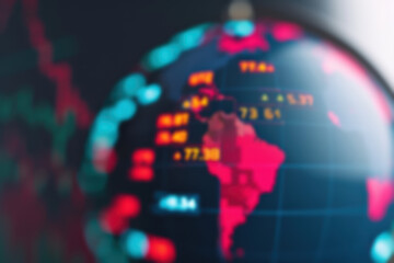 Poster - Blurred image of a digital globe displaying stock market data with red and blue indicators, focusing on South America.