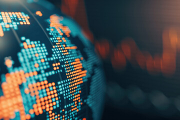 Poster - Close-up of a world map depicted using illuminated digital pixels, showcasing global connectivity and technology advancements in a futuristic setting.