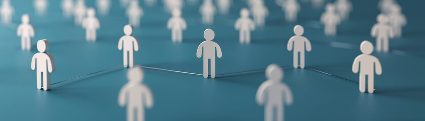 Poster - Abstract representation of network, connected individuals as figures on blue background, showcasing teamwork, communication, and digital connections.